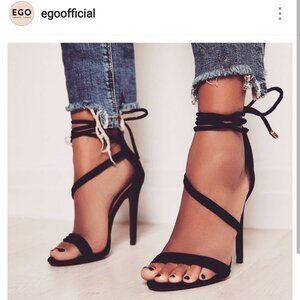 Ego Official Asymmetrical Lace Up Black Strappy Heel Faux Suede